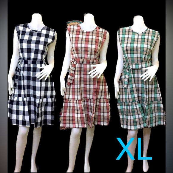 Polished neutral plaid A-line statement dress with a removable self-tie belt. - Picture 2 of 11